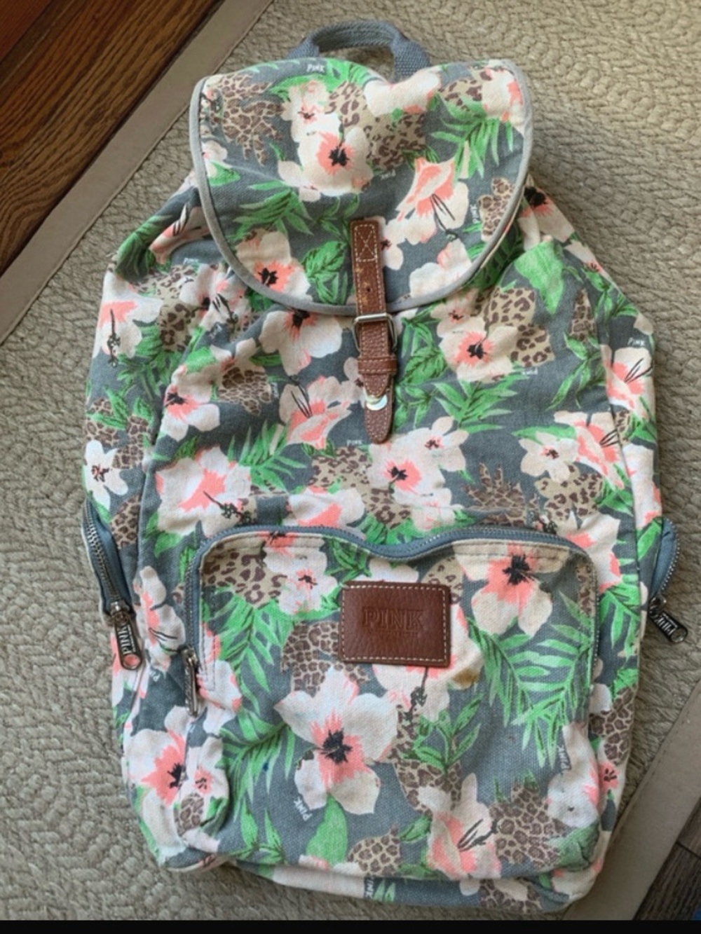 PINK Victoria's Secret Gray Floral Canvas Backpack with Pink & Green Accents